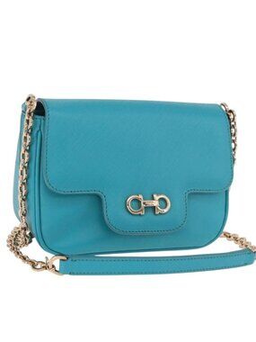 Salvatore Ferragamo Gancini Chain Shoulder Bag Leather Blue Gold